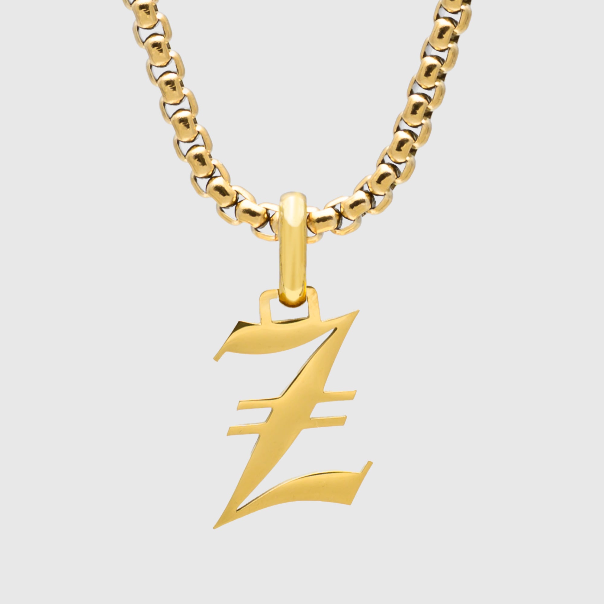 Large Gold Gothic style Initial letter Z necklace in old english font 