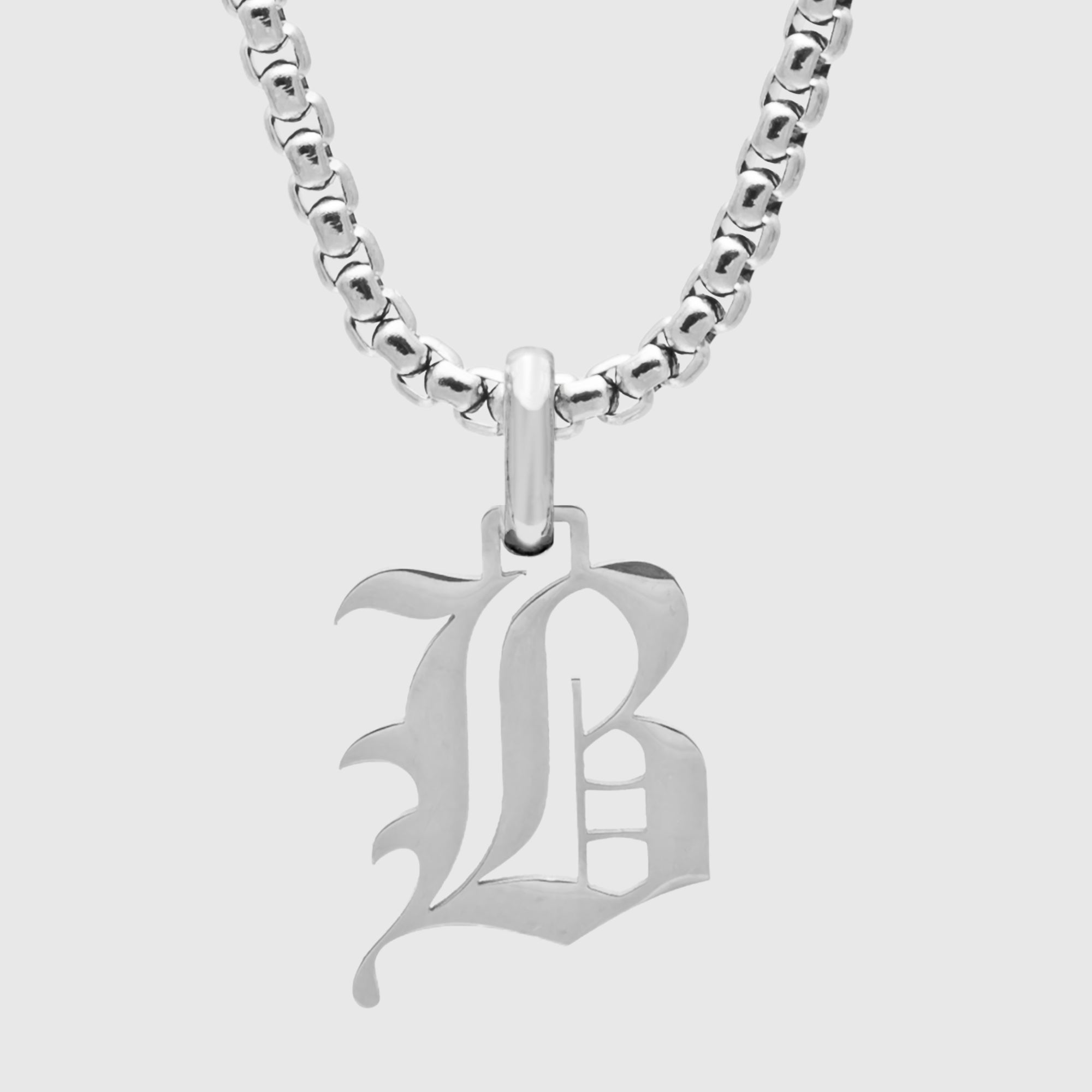 Silver Gothic style Initial letter B necklace in old english font 