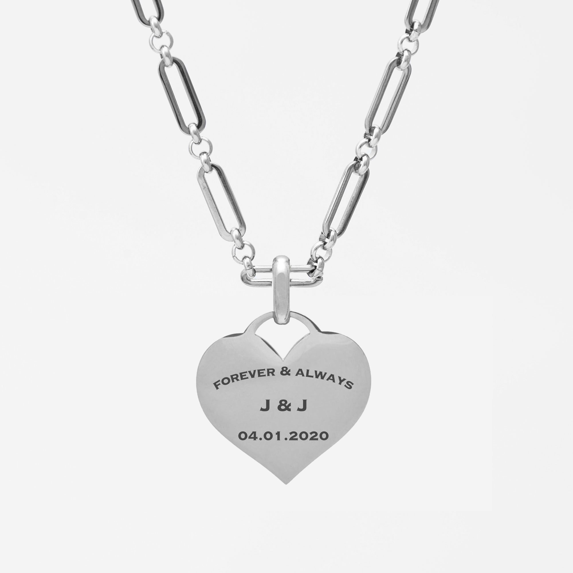Chunky personalised engraved heart token pendant necklace in silver stainless steel