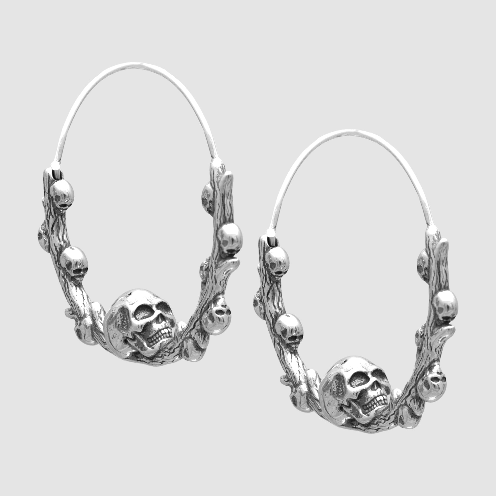 Large gothic skull hoop earrings in silver 