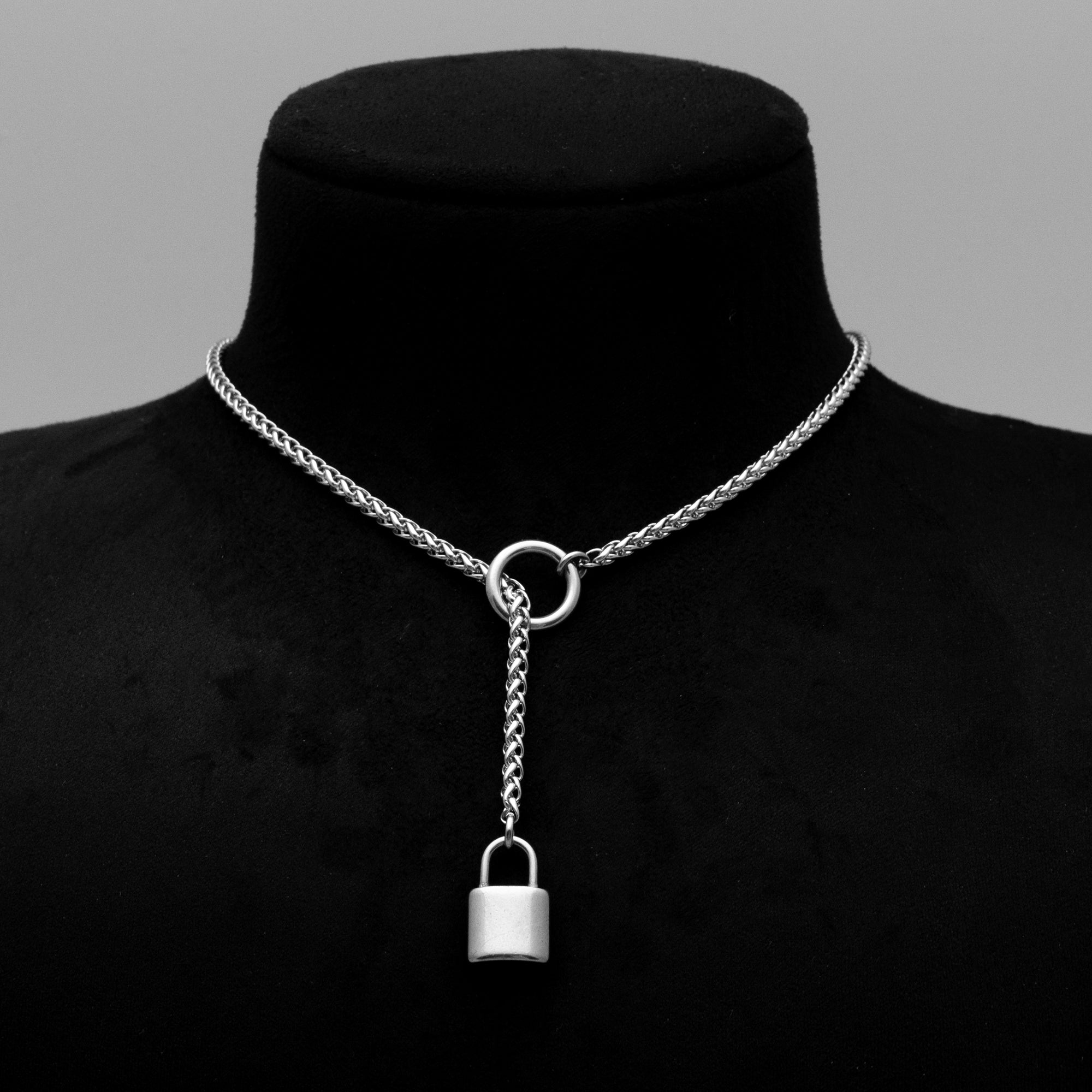 Collier de jour avec pendentif cadenas et chaîne micro-glissante - Chaîne queue de renard de 3 mm (argent)