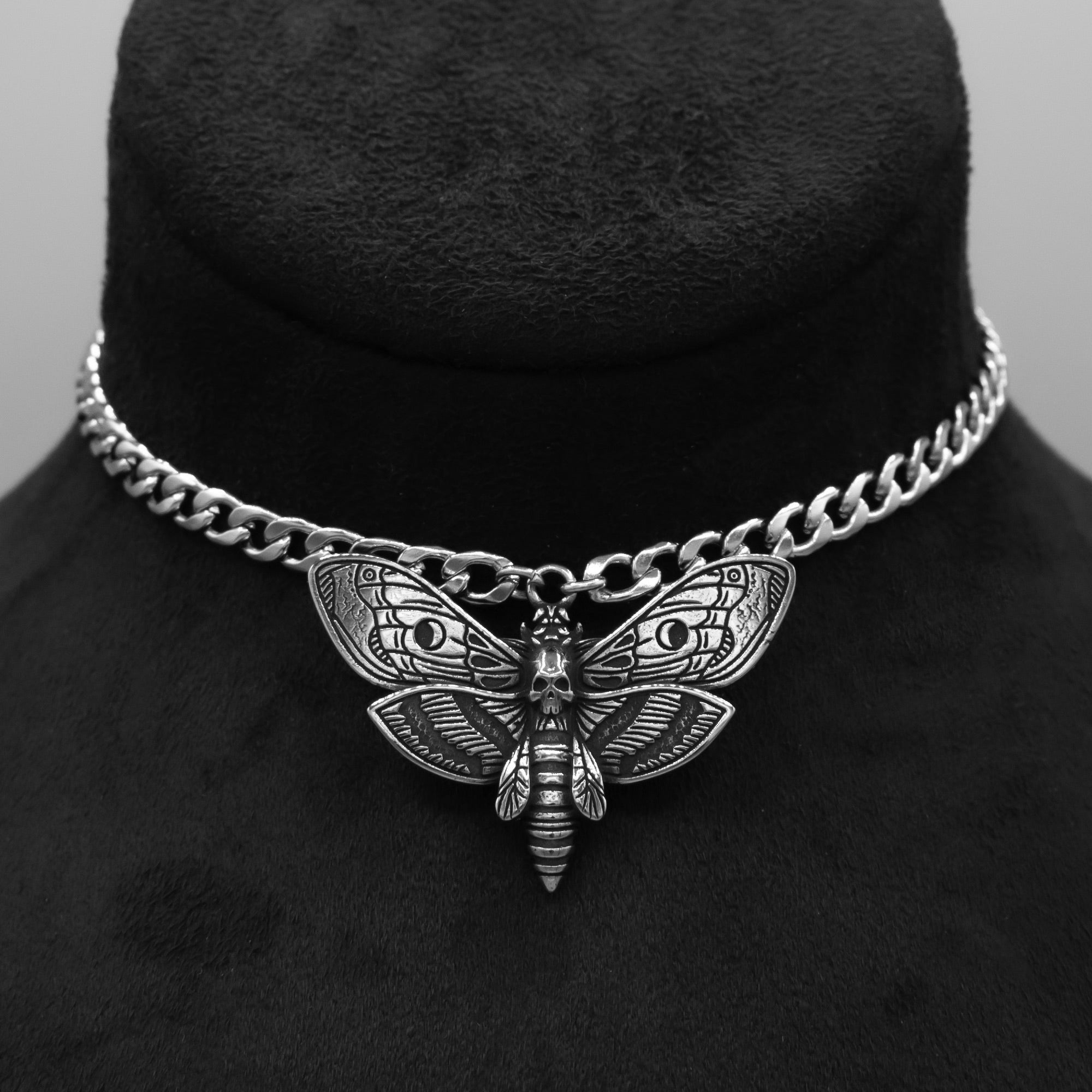 Silver Death's head moth pendant on chinky cuban choker chain necklace