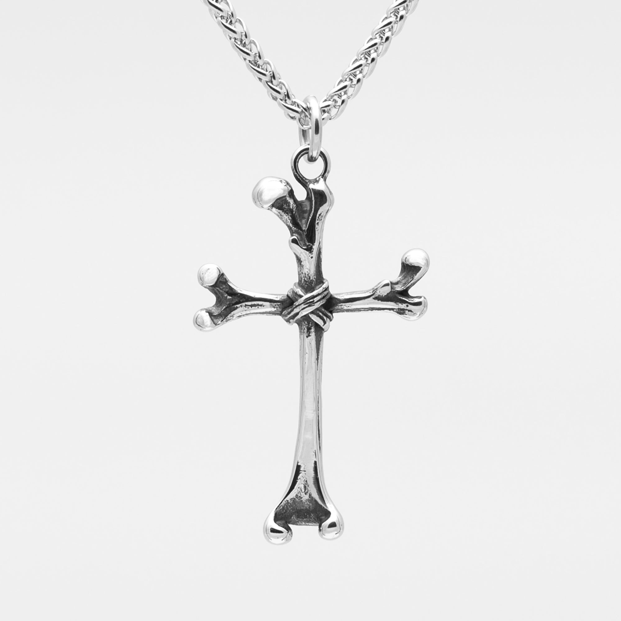 Silver Bone cross pendant on foxtail chain necklace