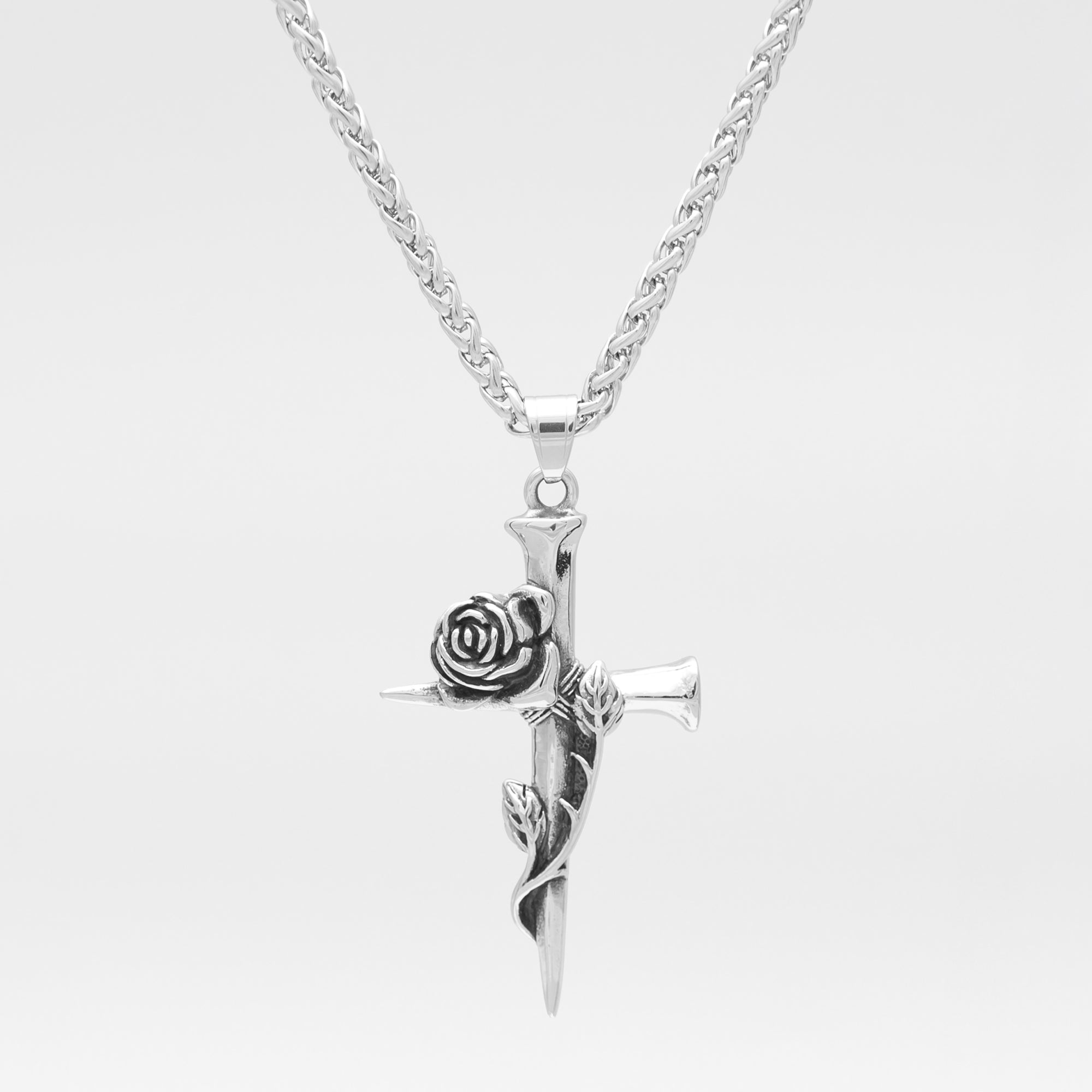 Gothic Stake & Rose Cross Pendant Necklace (Silver)