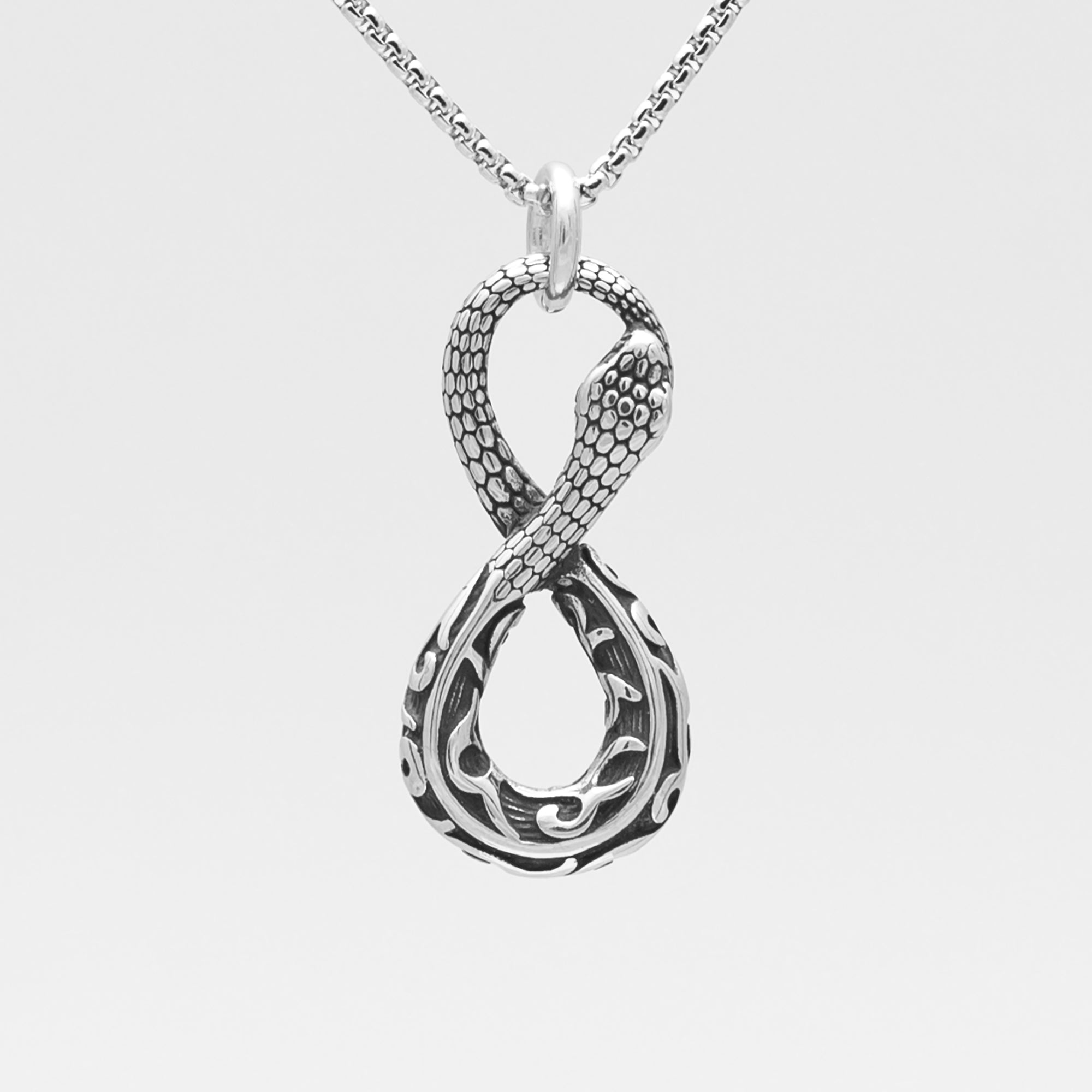 silver eternity snake pendant on box chain 