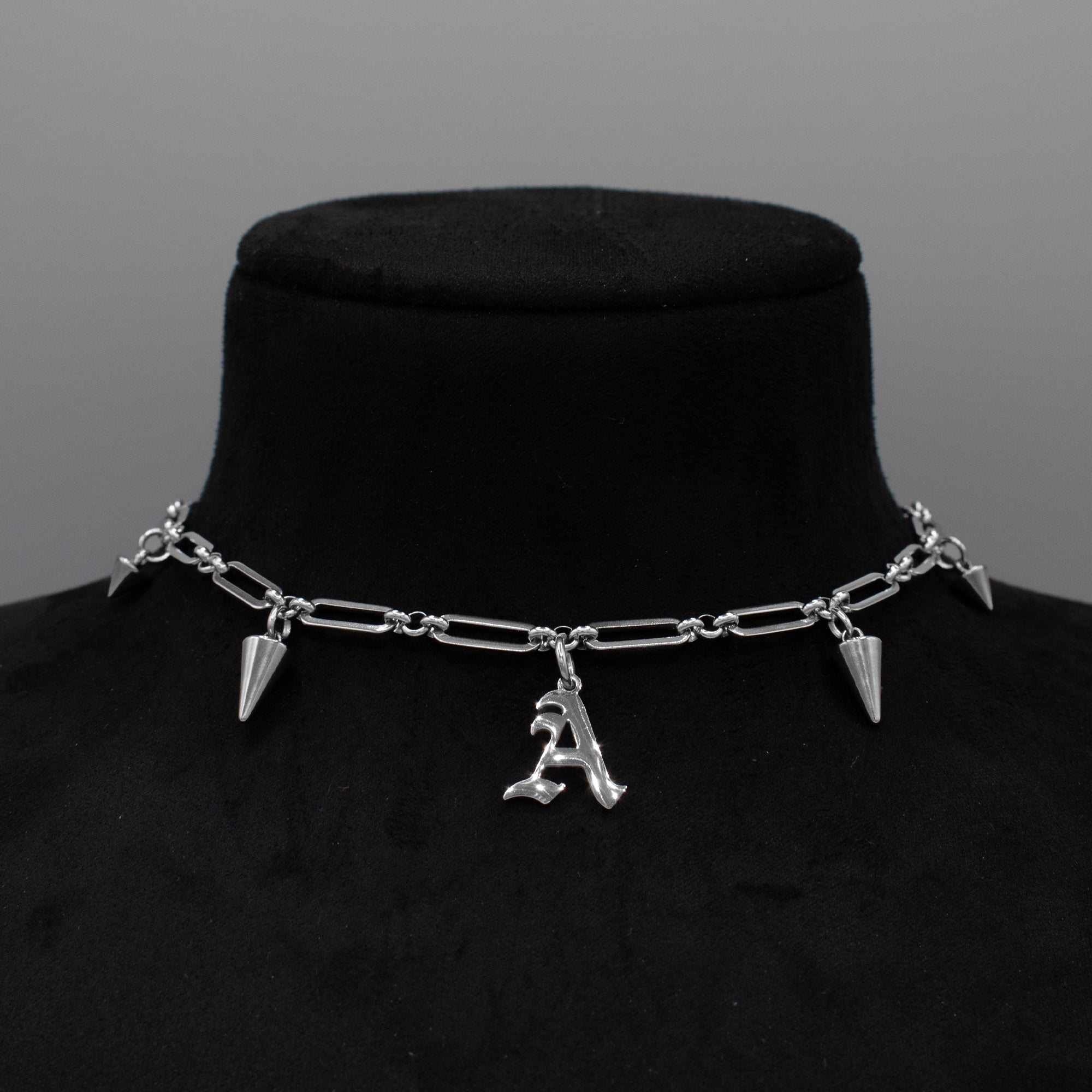 Old English Gothic Initial Spiked Paperclip Link Choker Necklace (Silver)