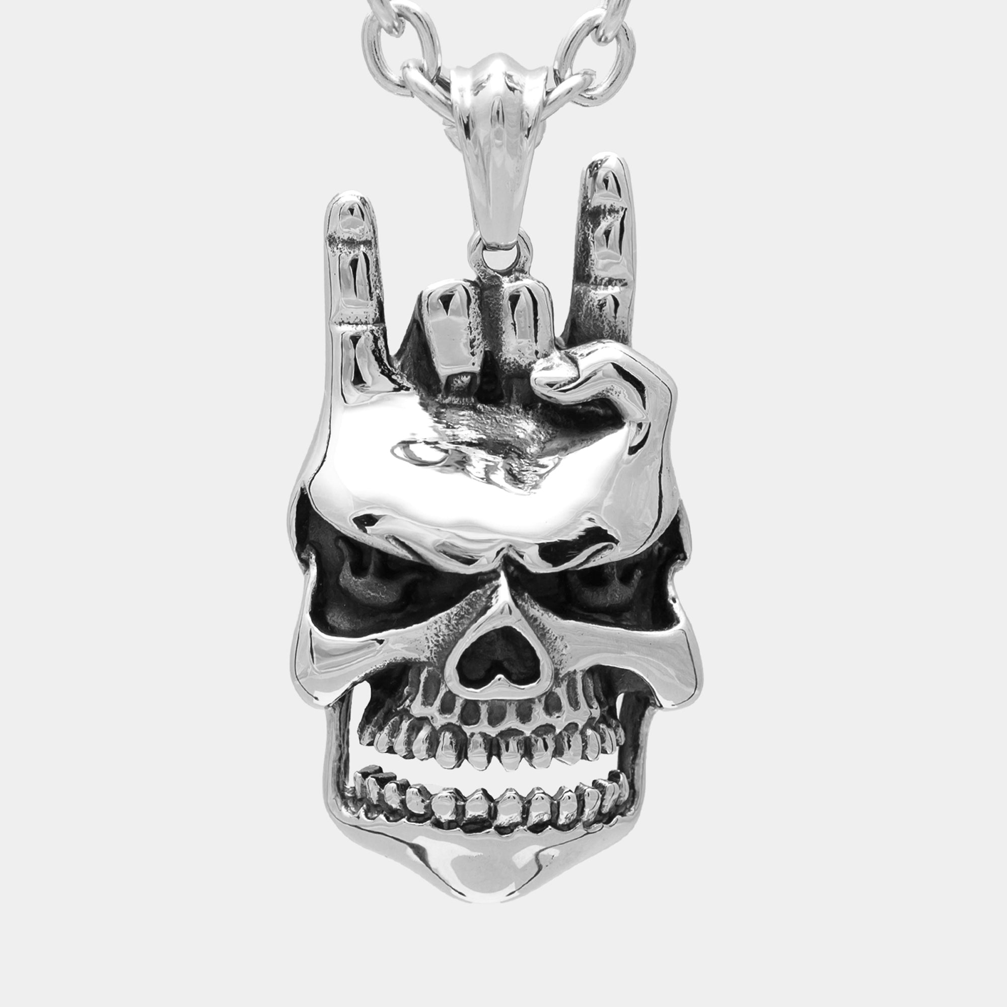 Devil Horns (Rock Gesture) Skull pendant in silver on chunky cable chain necklace