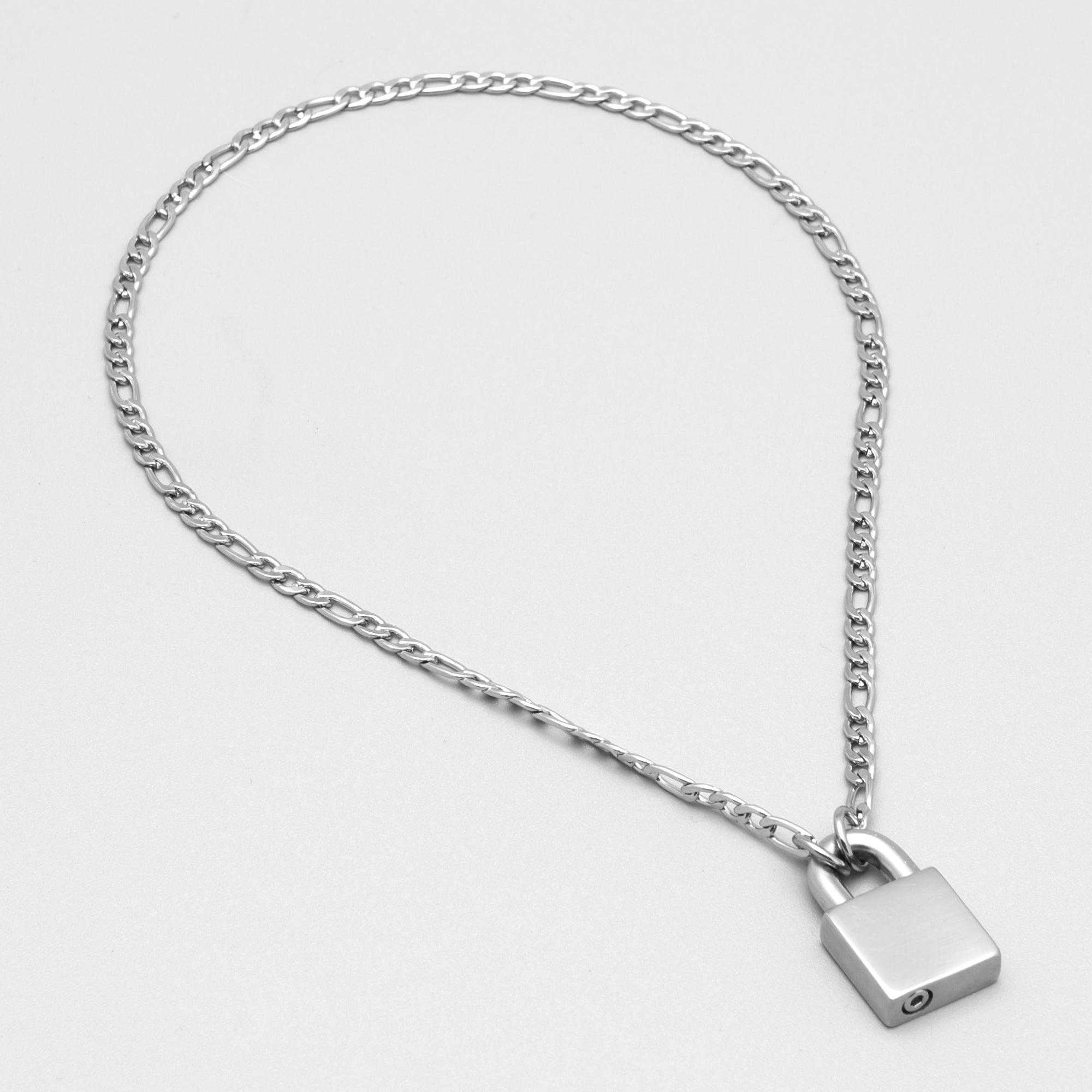 24/7 Locking Padlock Day Collar Figaro Necklace - (Silver)