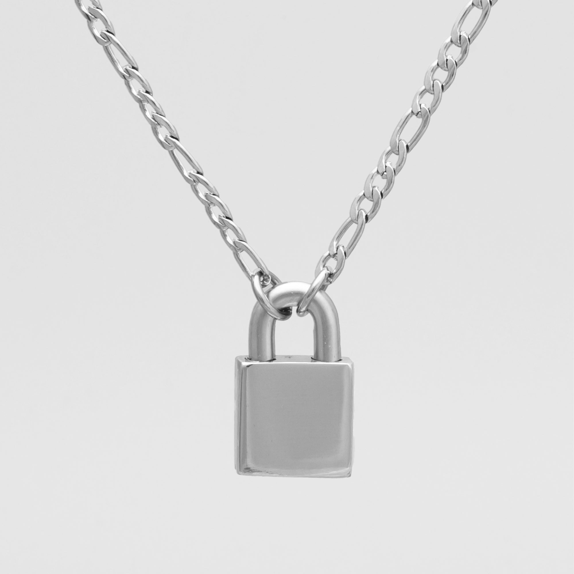 24/7 Locking Padlock Day Collar Figaro Necklace - (Silver)