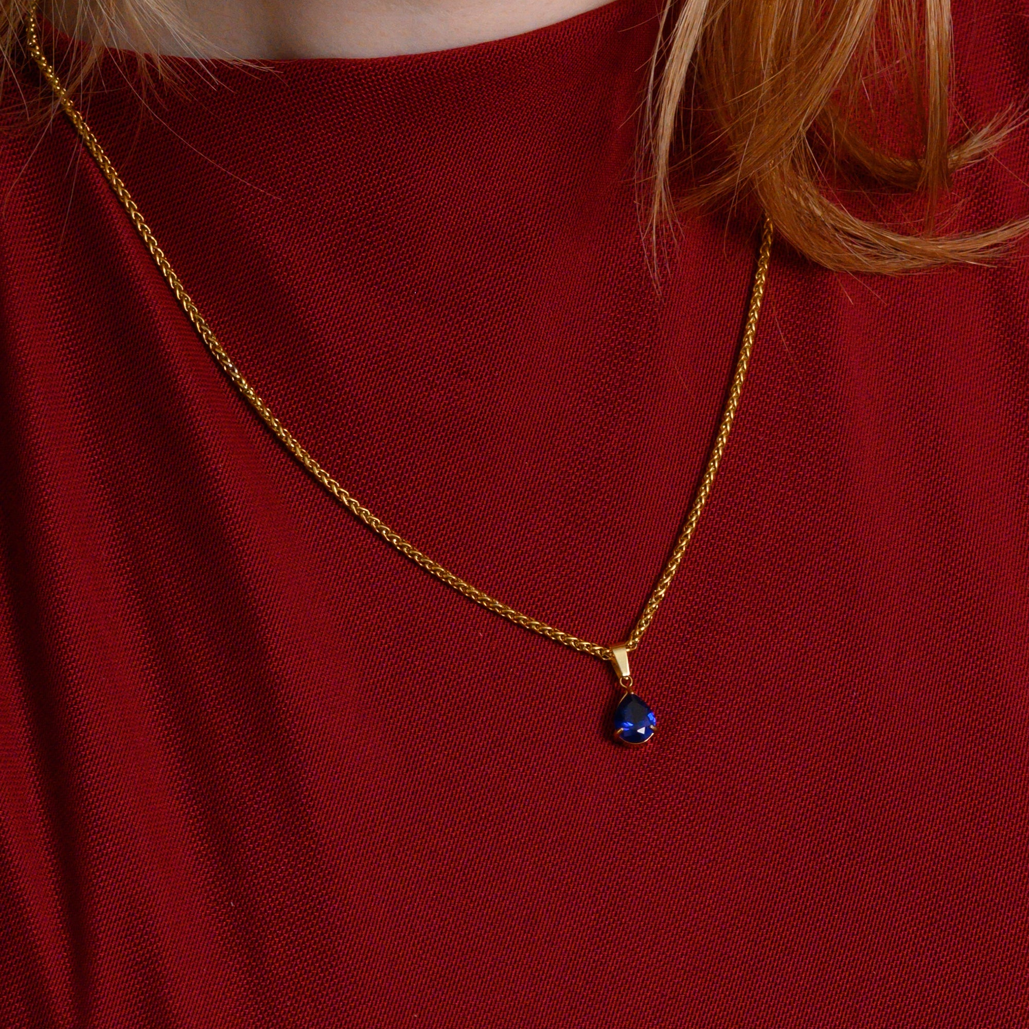 Blue Sapphire September birthstone pendant necklace in Gold on a dainty chain