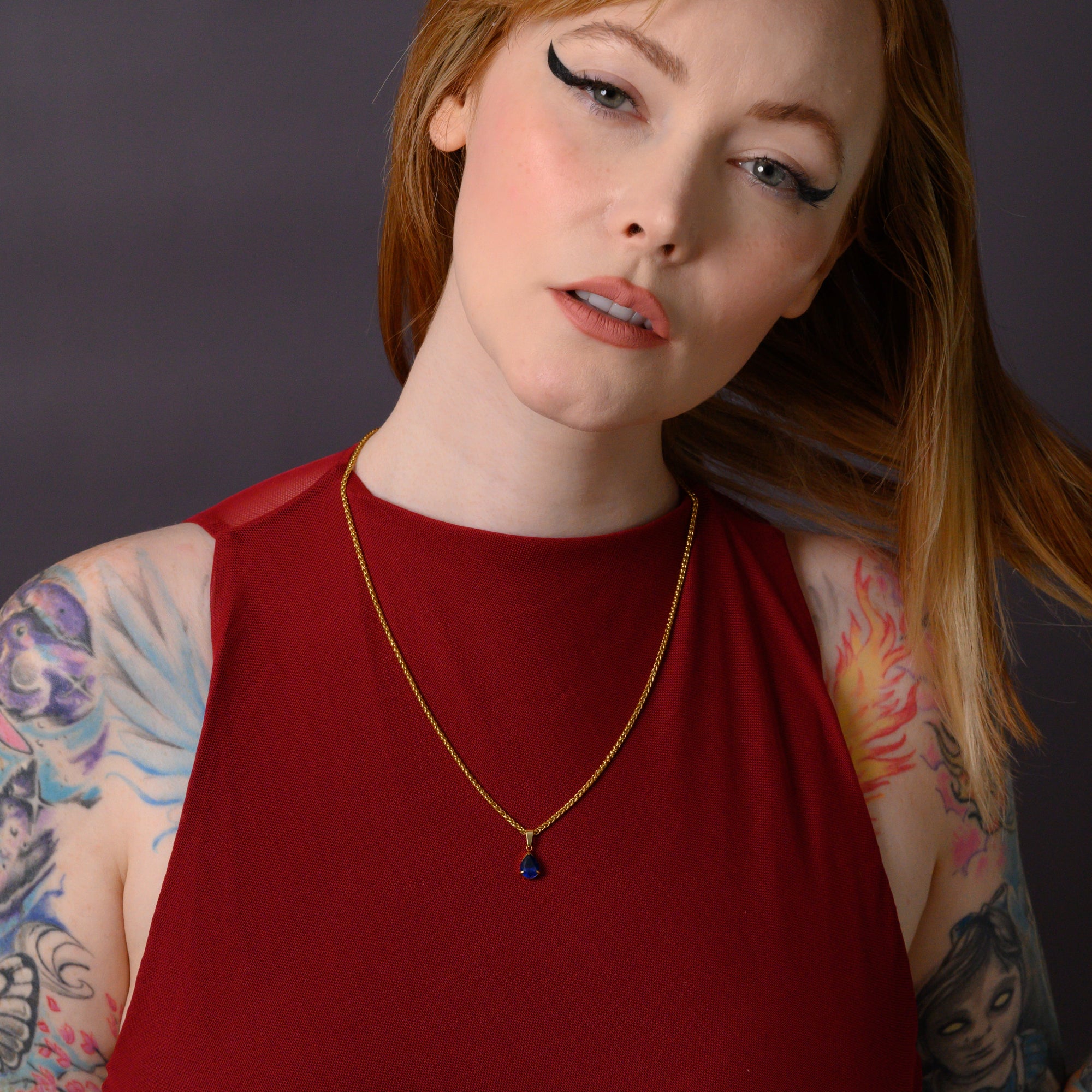 Blue Sapphire September birthstone pendant necklace in Gold on a dainty chain