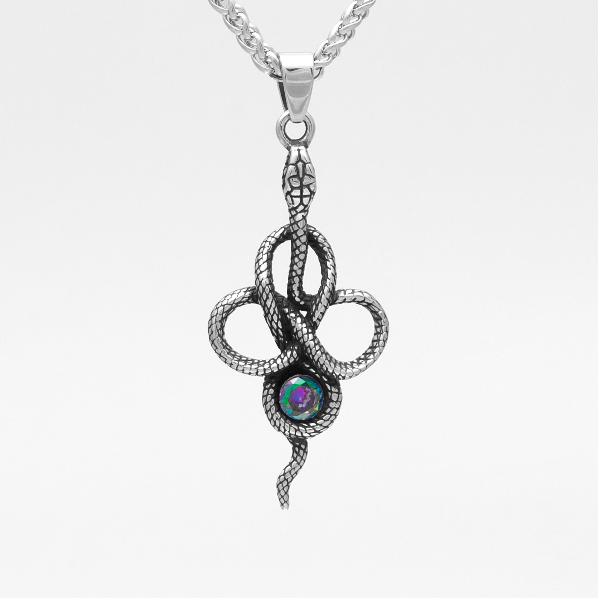 Silver snake pendant featuring a large single colourful cubic zirconia stone on a 3mm foxtail necklace