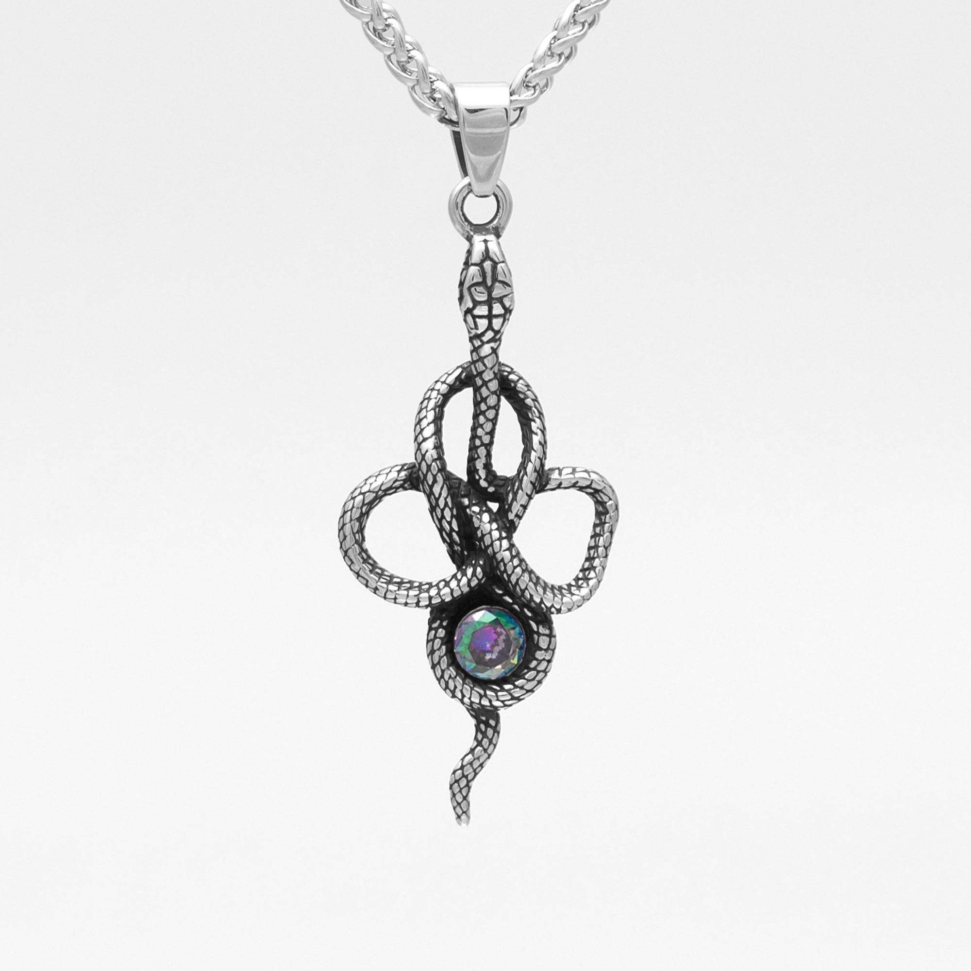 Silver snake pendant featuring a large single colourful cubic zirconia stone on a 3mm foxtail necklace