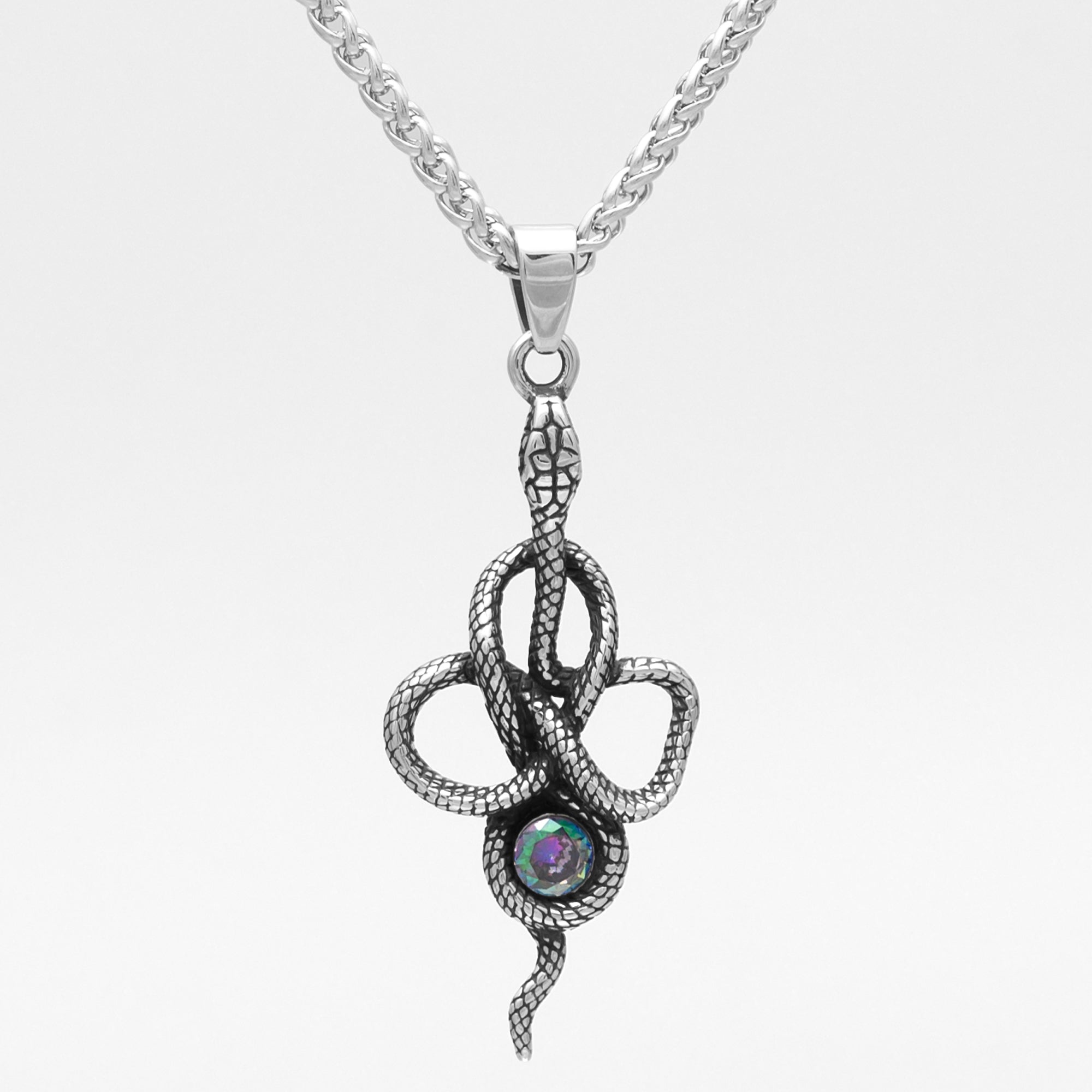 Silver snake pendant featuring a large single colourful cubic zirconia stone on a 3mm foxtail necklace