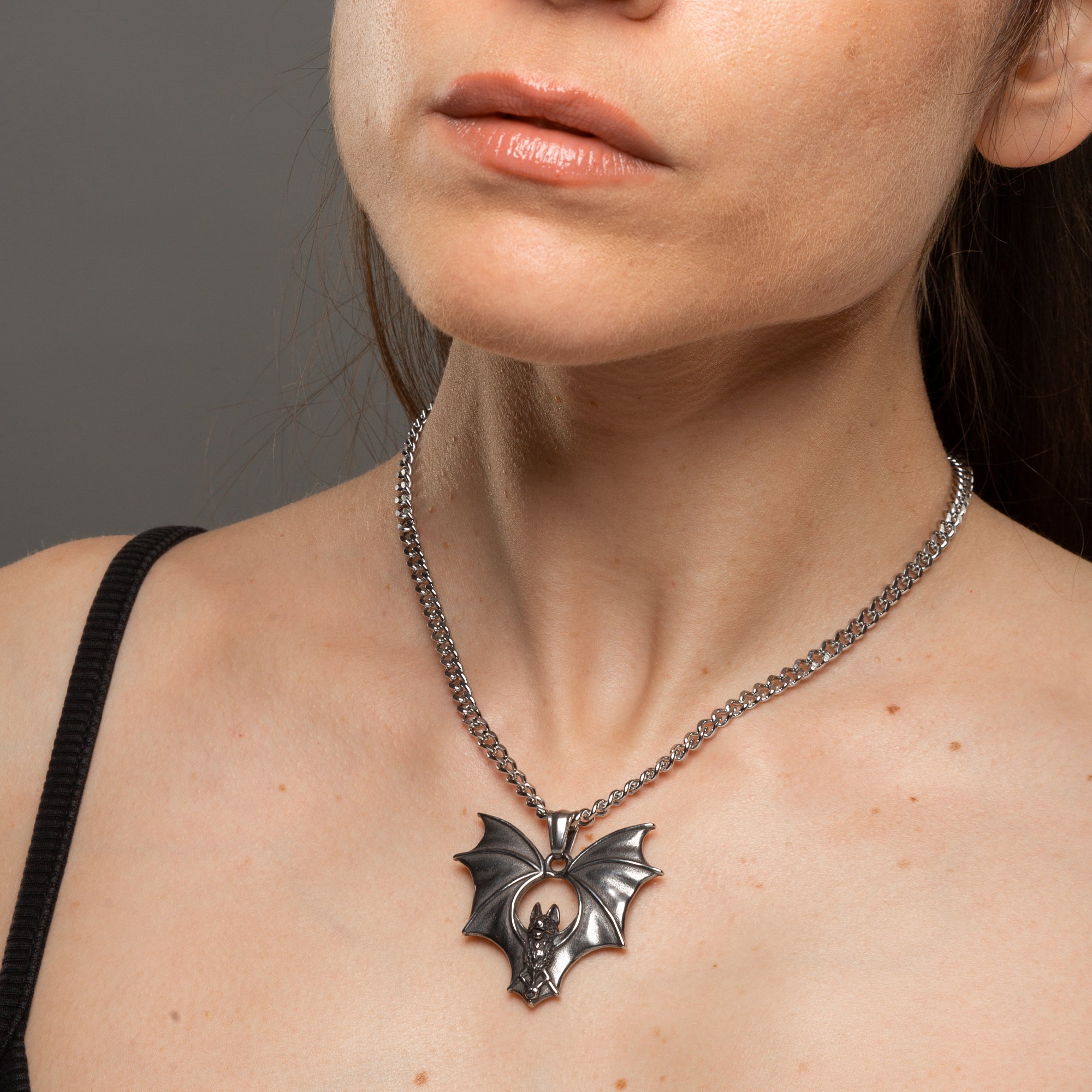Silverwing Bat pendant on 4mm cuban link chain in silver 