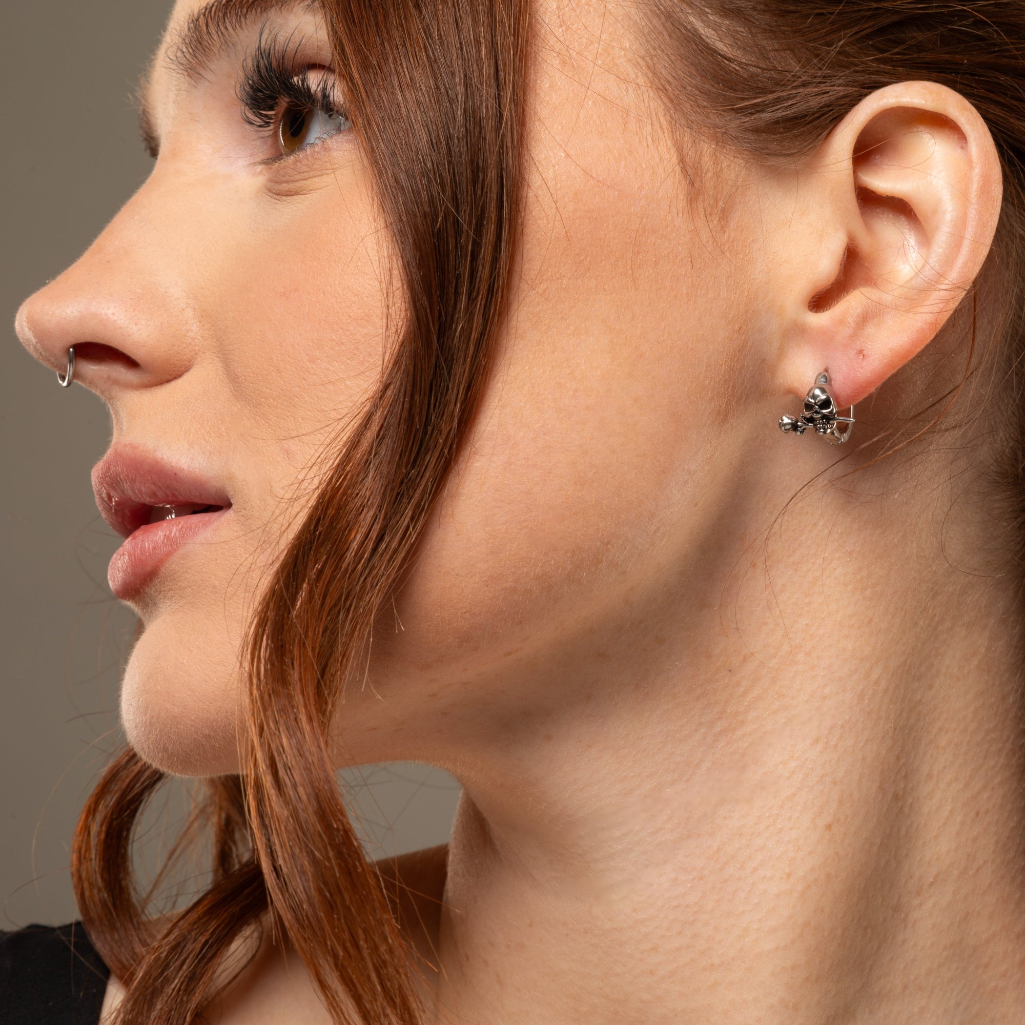 small silver gothic skull and rose earrings