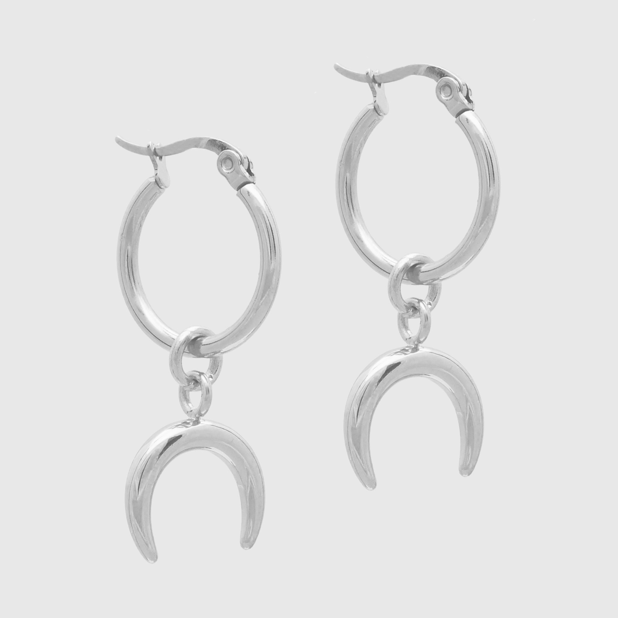 silver crescent moon hoop earrings, tarnish free stainless steel