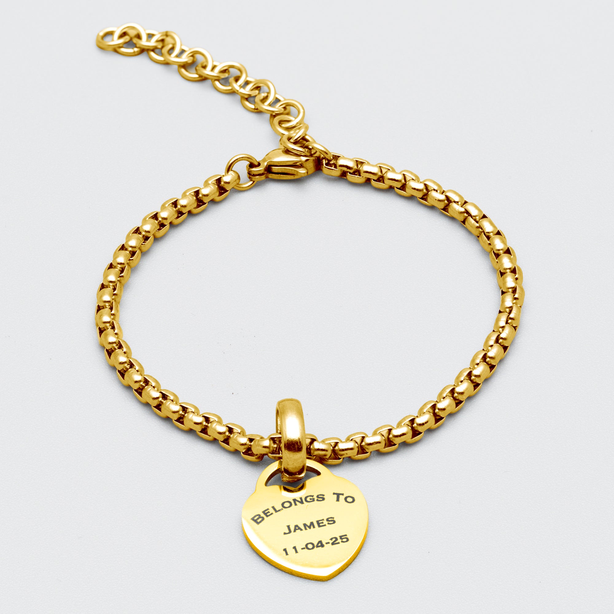  engraved heart charm box chain bracelet in Gold finish 