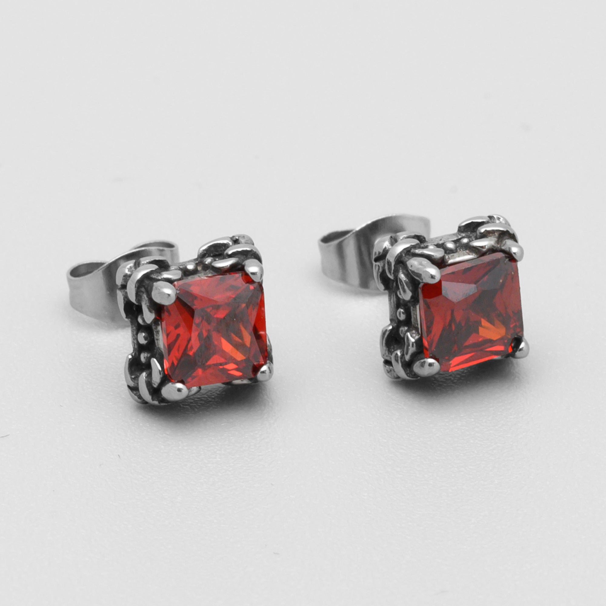 Square Ruby Red Gothic Stud Earrings (Silver)