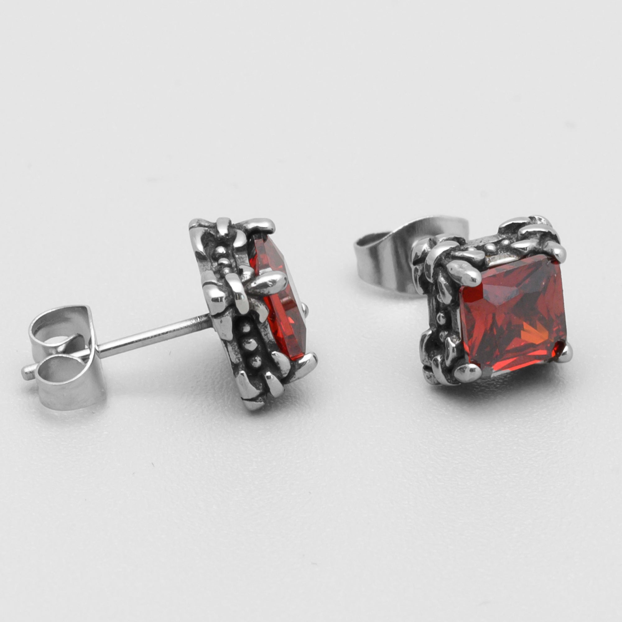 Square Ruby Red Gothic Stud Earrings (Silver)