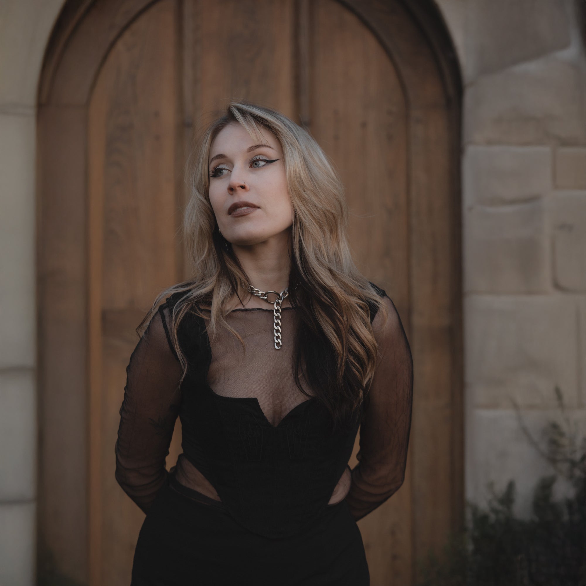 Chunky cuban carabiner choker close up model shot 