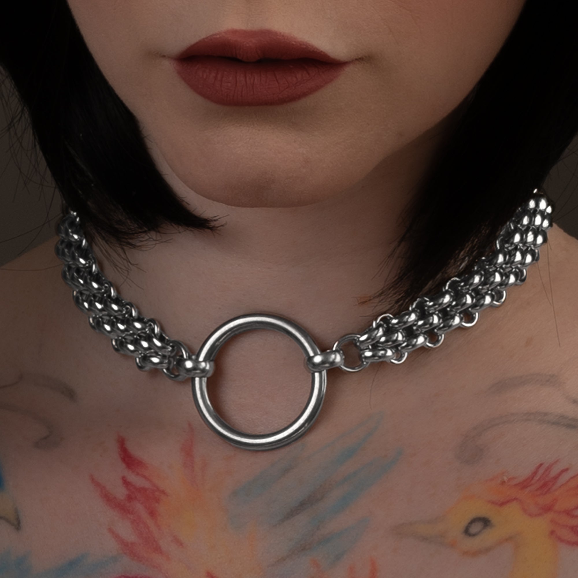 2 in 1 Large Chainmail O Ring Day Collar & Padlock - (Silver)